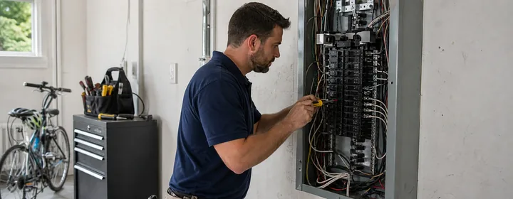 Electrician testing circuits at an open residential breaker panel