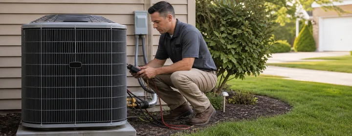 HVAC technician servicing an outdoor air conditioning condenser