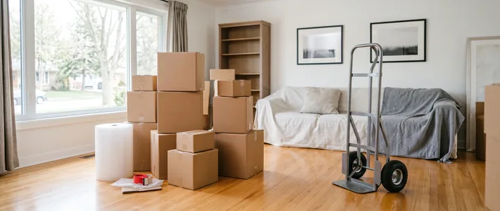 Packed moving boxes and a hand truck in a cleared living room
