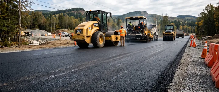 Paving crew compacting fresh asphalt with a roller
