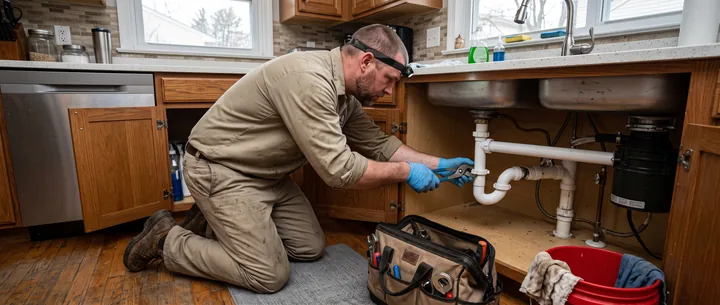 Plumber tightening a PVC drain trap under a kitchen sink