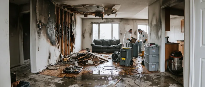 Restoration technicians drying a fire and water damaged living room with air movers