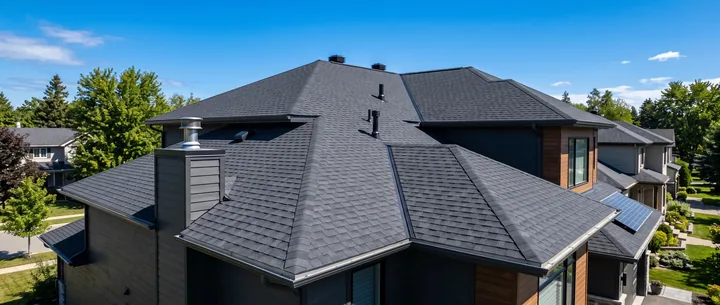Newly installed architectural shingle roof on a two-story home